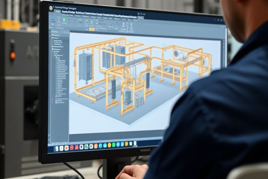 Close-up of a computer screen displaying advanced 3D modeling software for mining electrical infrastructure design, including smart grid and renewable energy integration.