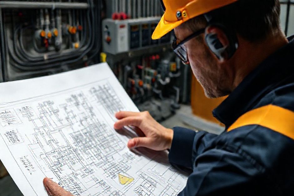 An Advanced Mechanix electrical engineer reviewing a detailed AutoCAD diagram to ensure electrical safety and compliance for a mining operation in Sydney.