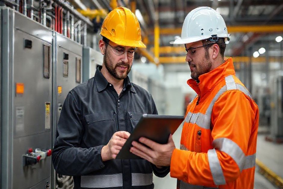 Advanced Mechanix team member demonstrating smart technology and automation integration to improve electrical efficiency in an industrial facility in Newcastle, Australia.