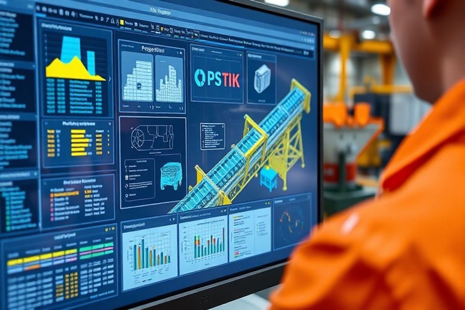 Close-up of a 3D model of a PLC-integrated mining conveyor system on an engineer's computer screen.