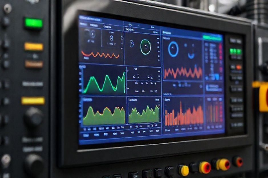 Close-up of an industrial PLC interface displaying real-time data and process control