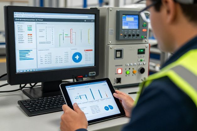 Mining engineer in Melbourne, Australia, reviewing real-time PLC data analytics on a tablet device.