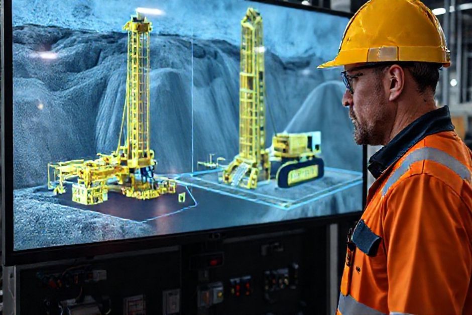 A mining engineer in Austin, Texas, reviews a 3D digital twin model of an automated drilling rig on a large interactive display.