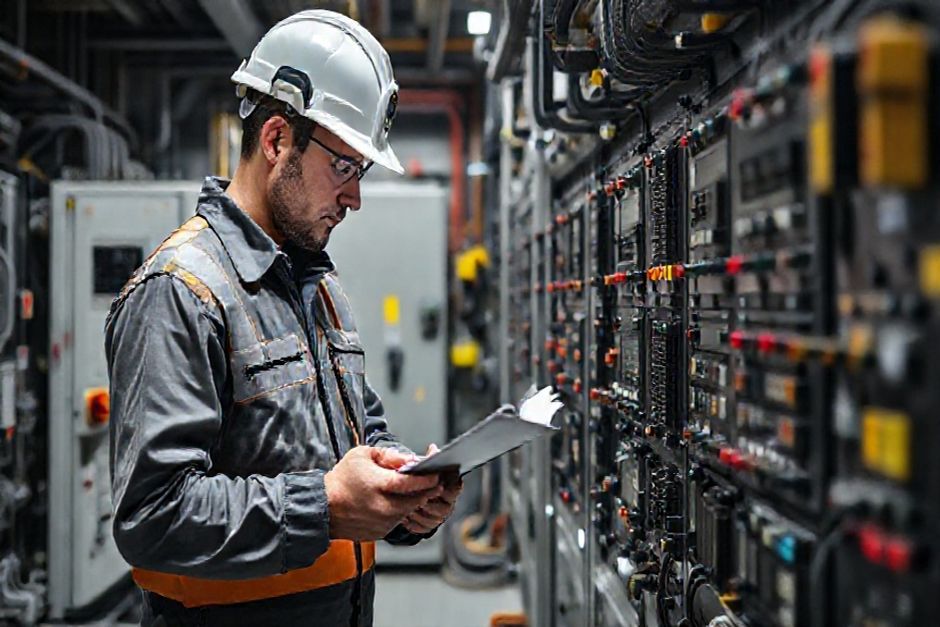 A mining engineer from Advanced Mechanix inspecting a PLC-driven control system in a Seattle-based mining operation.