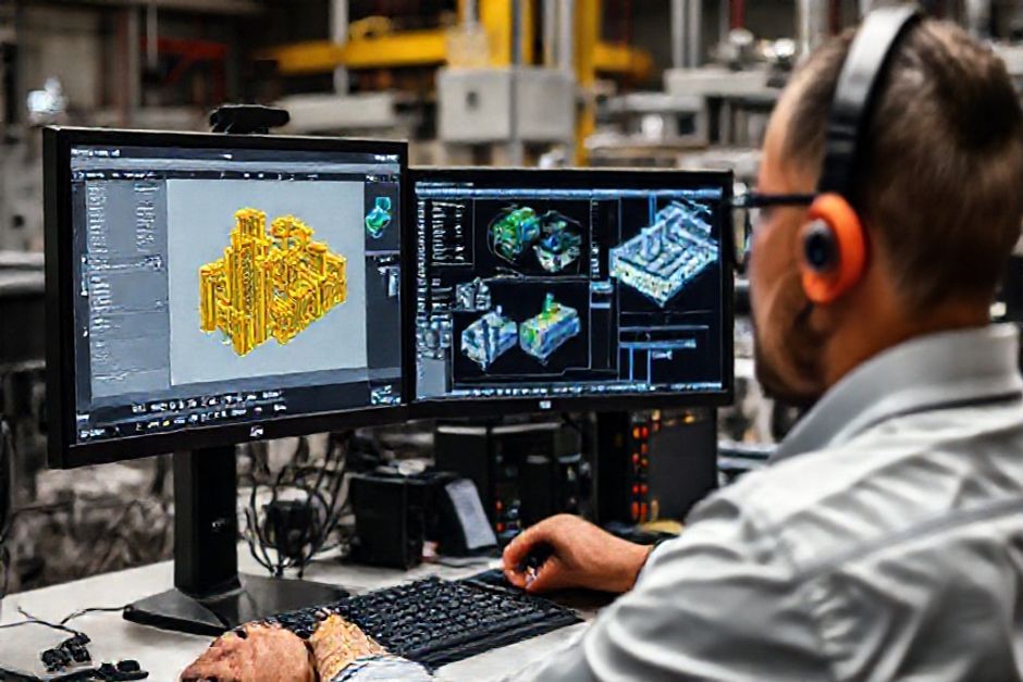 Close-up view of an engineer's workstation at Advanced Mechanix, showcasing PLC programming software and 3D models used for custom control system design.