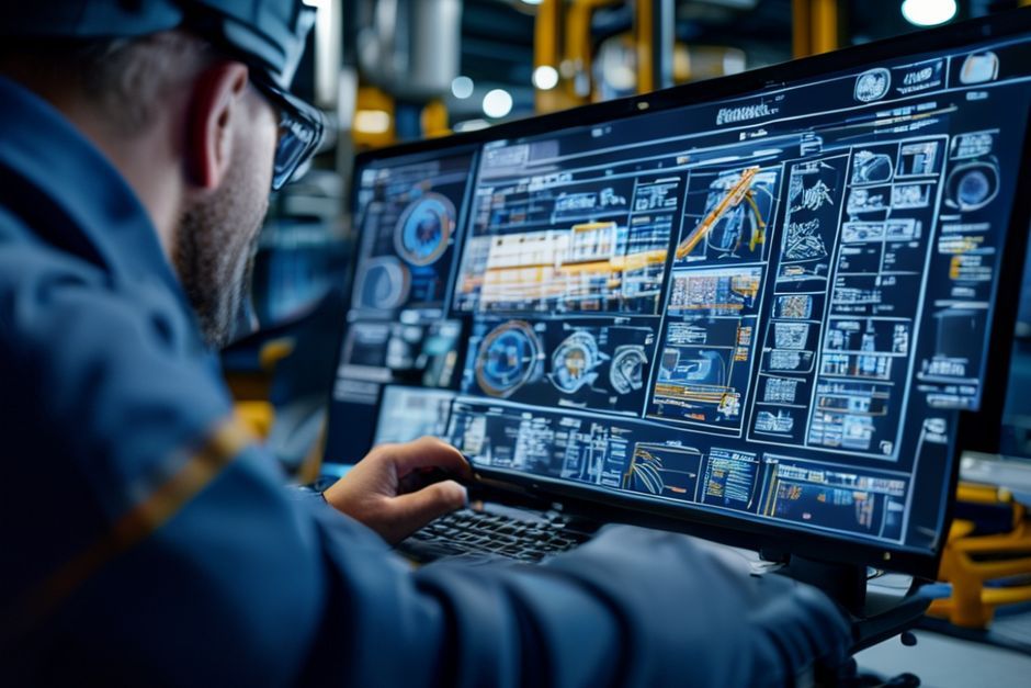 An engineer using advanced CAD software to design a power distribution system for a Seattle-based industrial or mining operation.