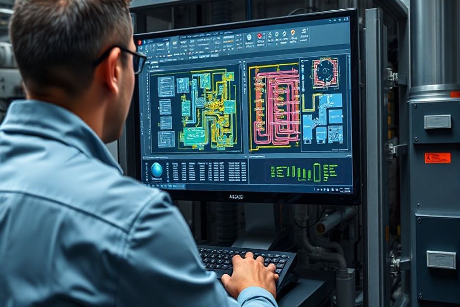 An Advanced Mechanix engineer using AutoCAD Electrical software to design a power distribution system for an industrial facility in Atlanta.