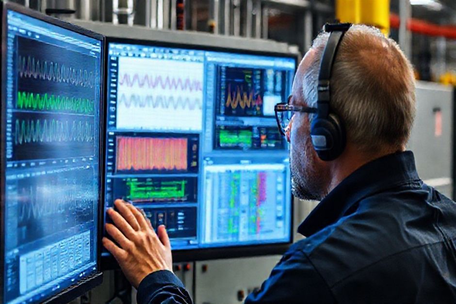 Engineer using specialized software to analyze power quality and harmonic distortion in a San Jose industrial facility