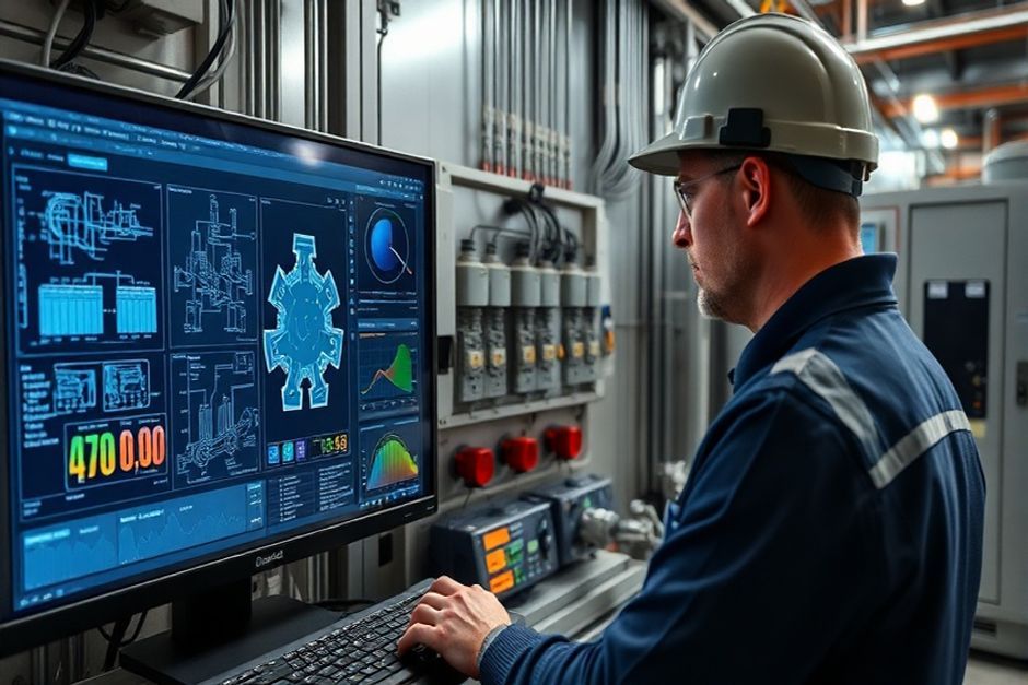 Electrical engineer using power systems analysis software to model and optimize an industrial facility's power distribution network in Darwin.