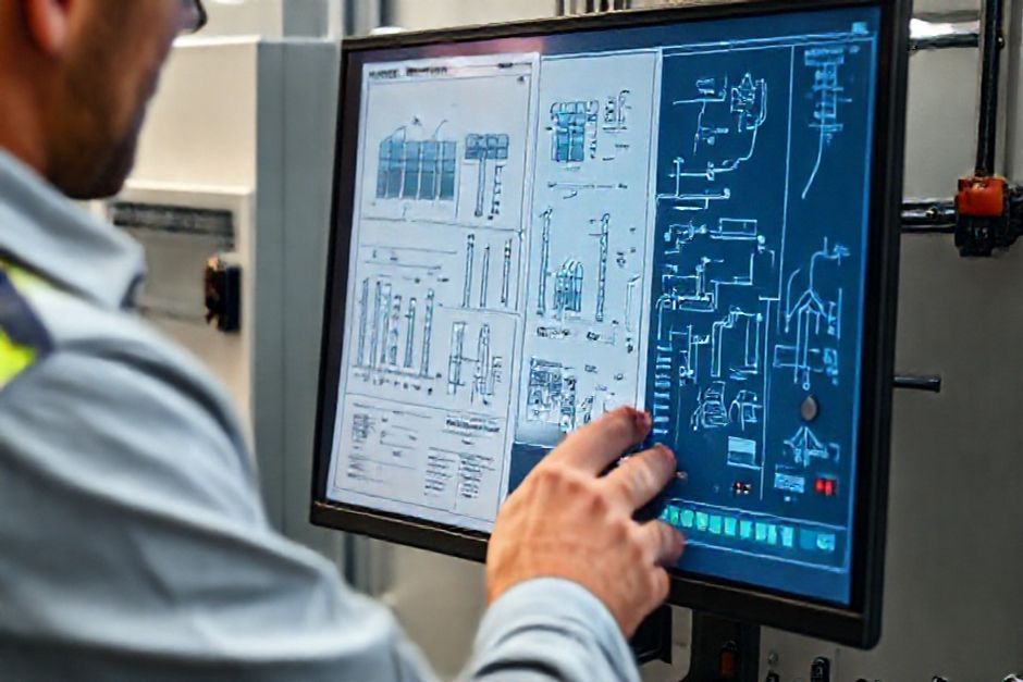 An Advanced Mechanix engineer reviewing power distribution diagrams that integrate renewable energy sources for a mining operation in Perth.