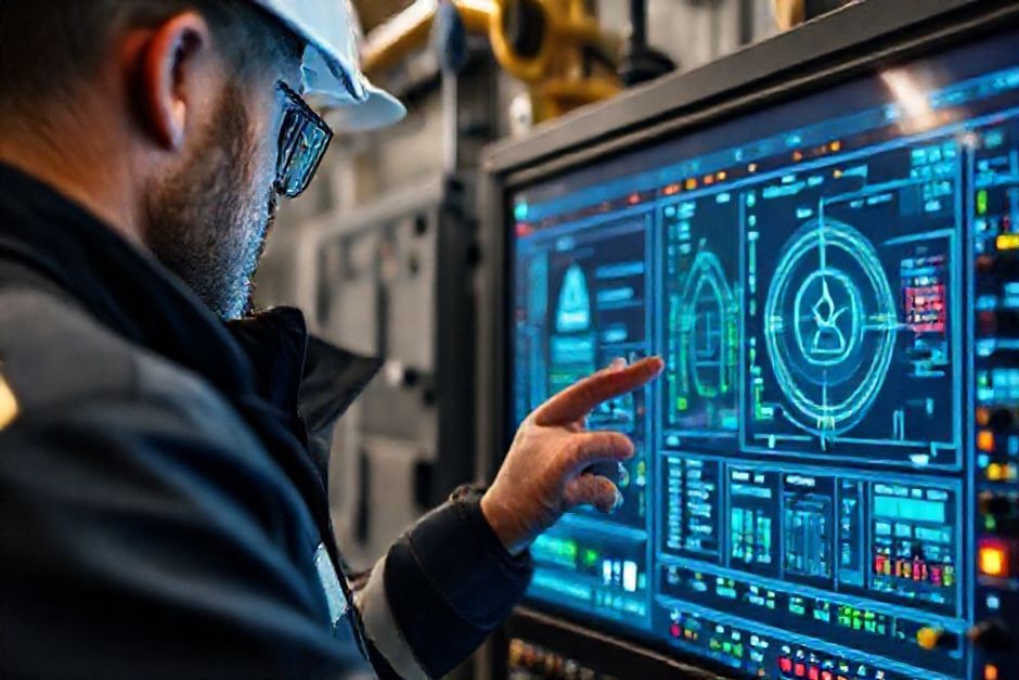 Close-up of an Advanced Mechanix engineer demonstrating the cybersecurity features of a SCADA system designed for a mining operation in Seattle.