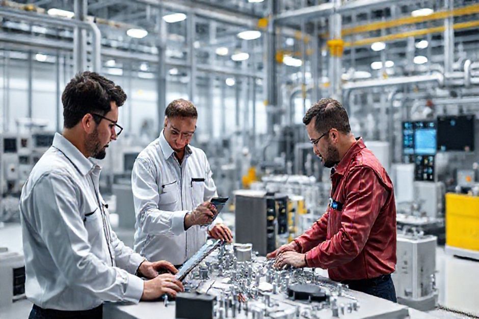 Advanced Mechanix engineers collaborating on a 3D model of a SCADA system implementation for a Los Angeles industrial facility