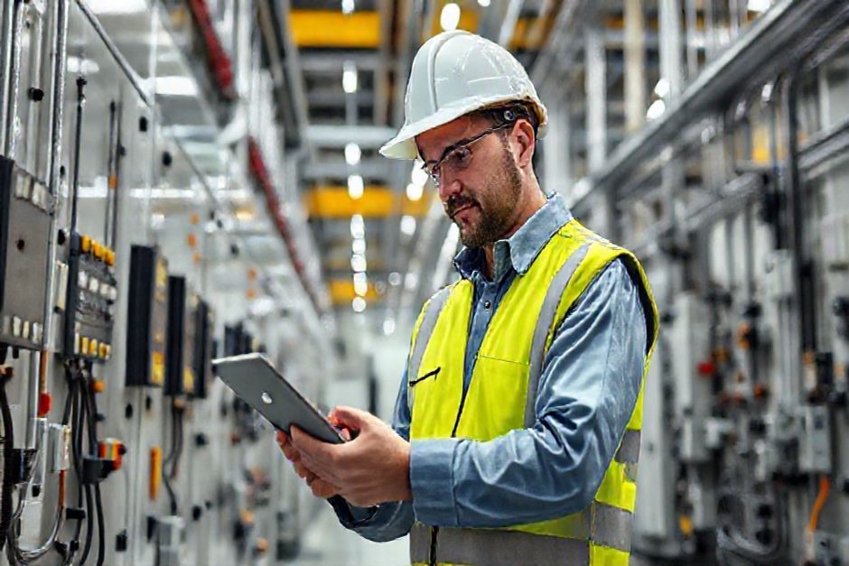An industrial facility manager in Sydney reviewing electrical designs on a computer screen, utilizing SkyCAD's intelligent clash detection and 2D to 3D conversion features.