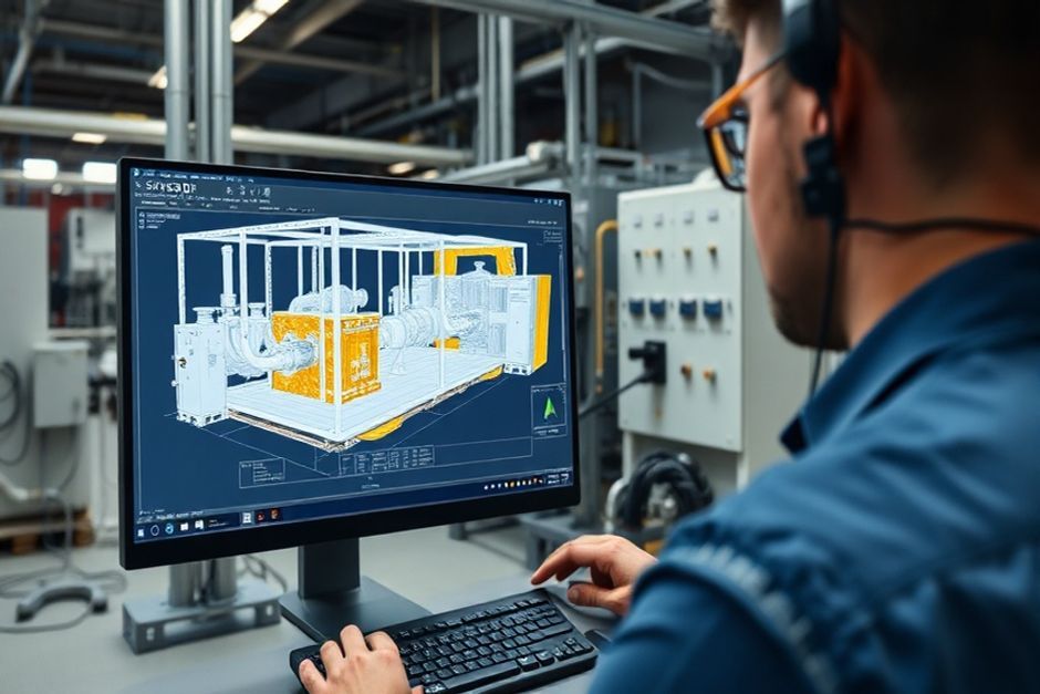 Close-up of an engineer using SkyCAD software to create a detailed 3D model of an industrial facility's electrical system in New York.