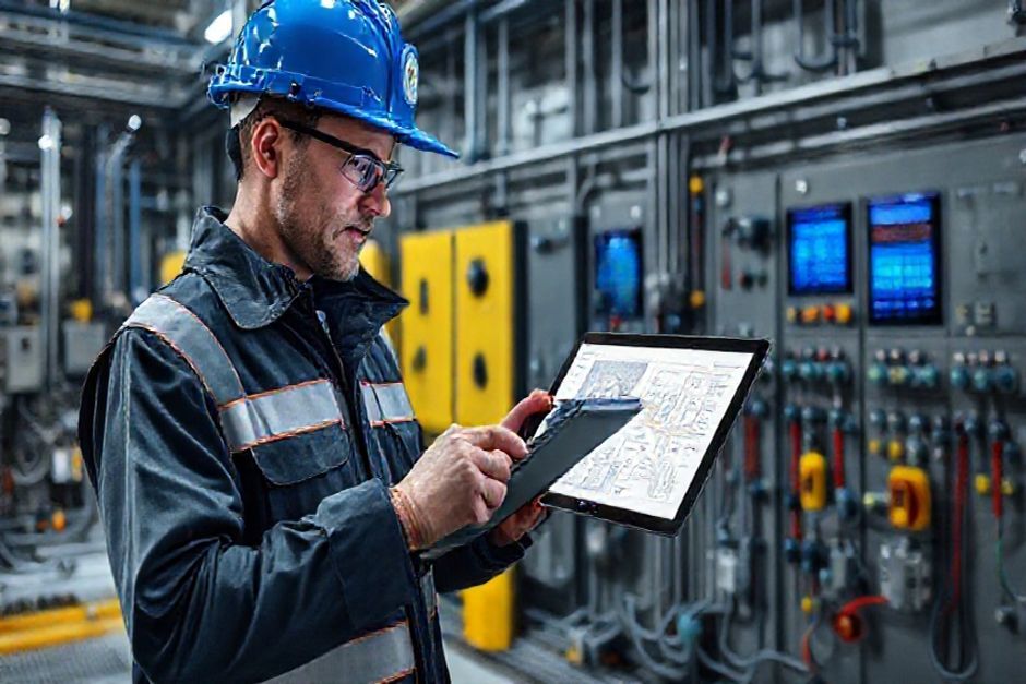 A mining engineer in Hobart, Tasmania, reviewing SkyCAD documentation for the facility's electrical control systems on a tablet.