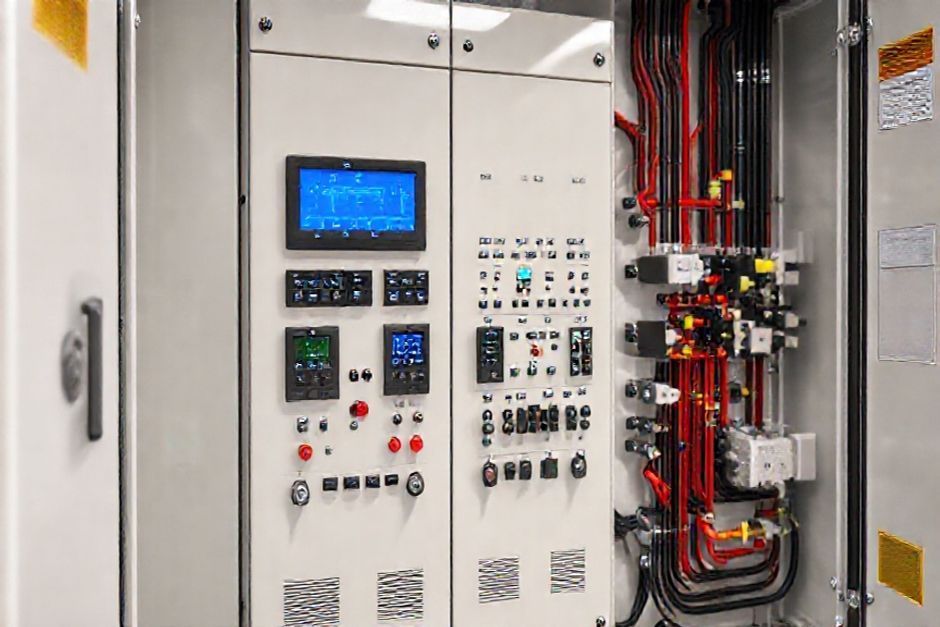 Close-up view of an electrical panel layout design featuring smart grid and energy management technologies.