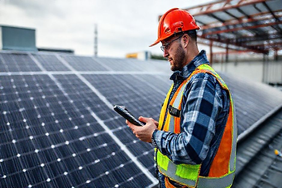 Electrical contractor inspecting a solar panel array on the roof of a Portland manufacturing facility.