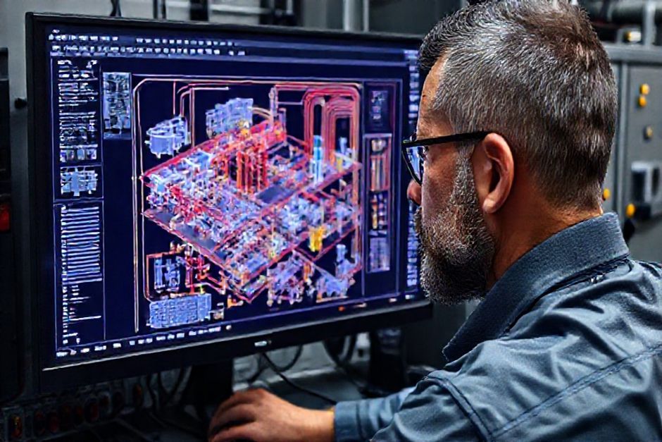 Advanced Mechanix engineer using CAD software to design a substation control system for a San Jose mining operation.