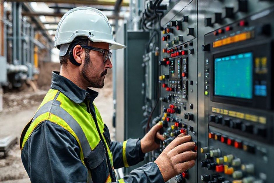 Advanced Mechanix engineer inspecting substation control panel at a Newcastle mining facility