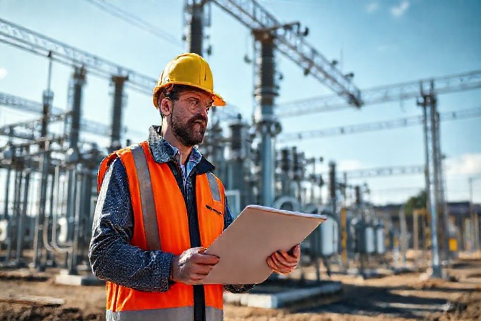 An Advanced Mechanix engineer inspects a substation construction site in Brisbane to ensure compliance with regulations.