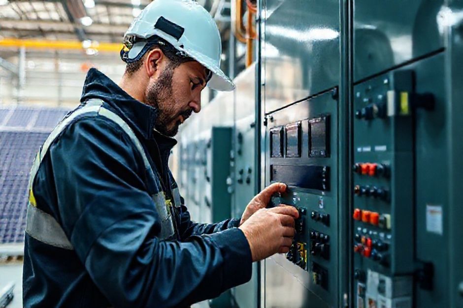 Advanced Mechanix electrical engineer installing a smart automation and control system in an industrial facility with solar panels and a microgrid in the background.