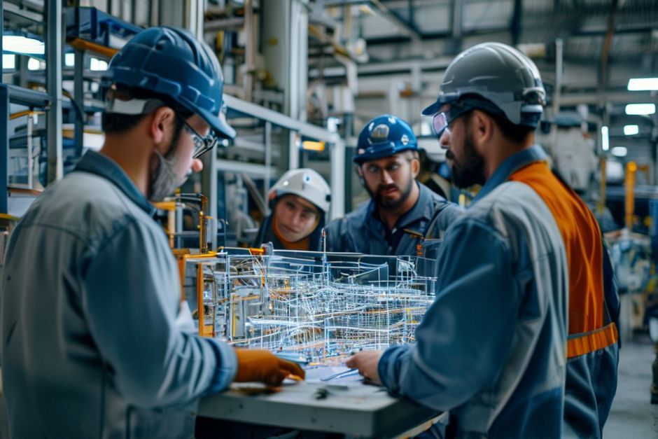 A team of engineers at Advanced Mechanix reviewing a 3D model of an industrial automation system.