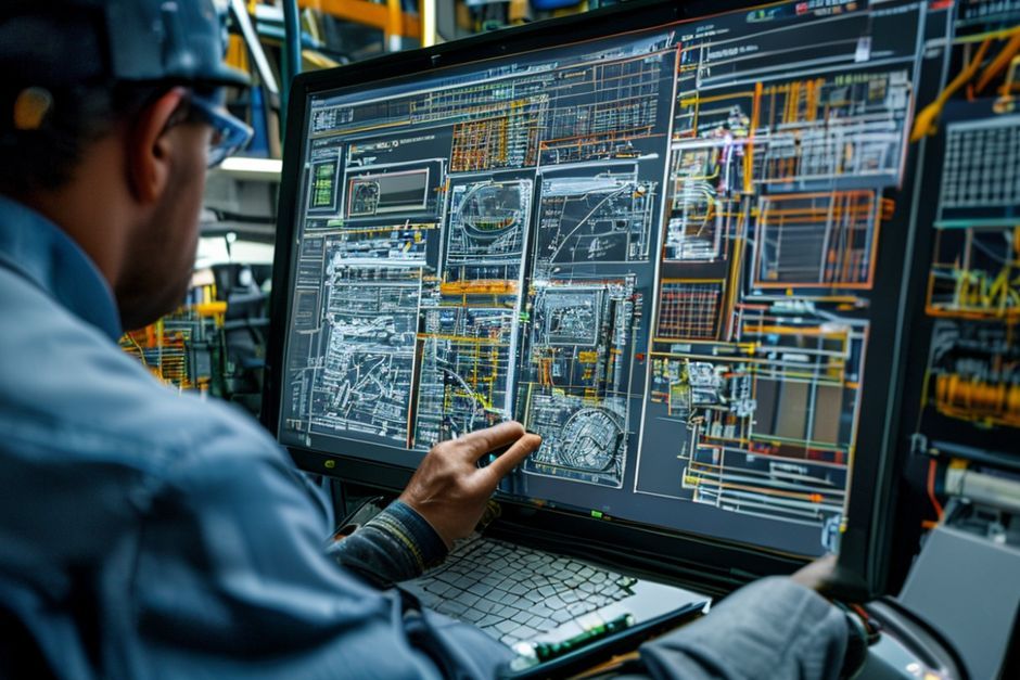 Engineer using CAD software to draft detailed electrical schematics for an industrial facility in Darwin, Australia