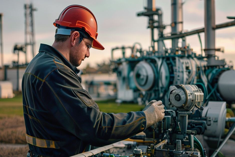Advanced Mechanix engineer inspecting a medium-voltage transformer at an industrial facility in San Antonio to ensure code compliance.