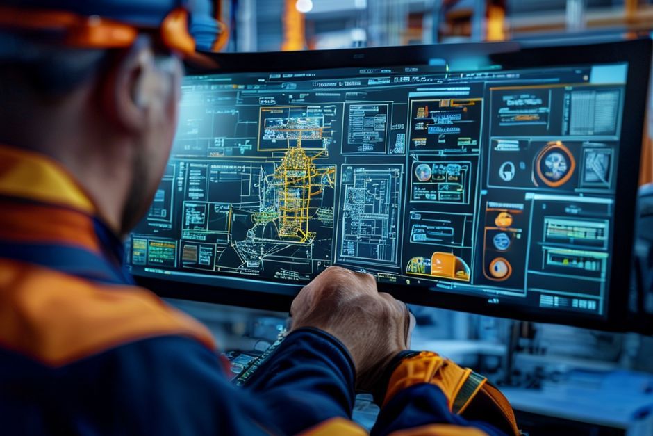 An Advanced Mechanix engineer using specialized CAD software to design a power system for a Los Angeles mining operation.