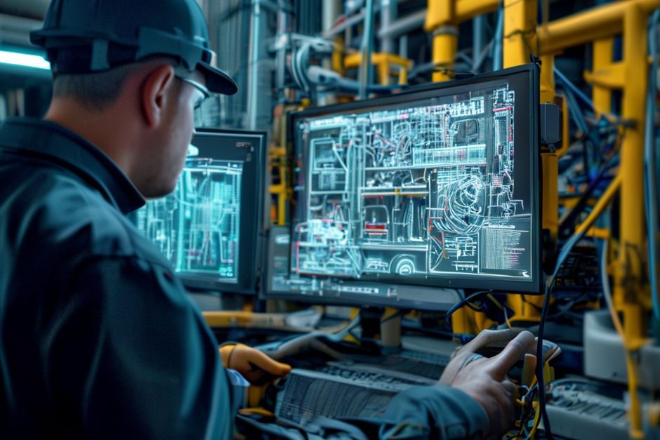 A close-up view of an electrical CAD technician from Advanced Mechanix working on a detailed 3D model of an industrial facility's power distribution system.