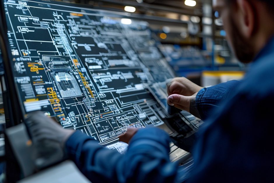 Electrical engineer reviewing a detailed AutoCAD Electrical control system schematic for a Phoenix-based project.