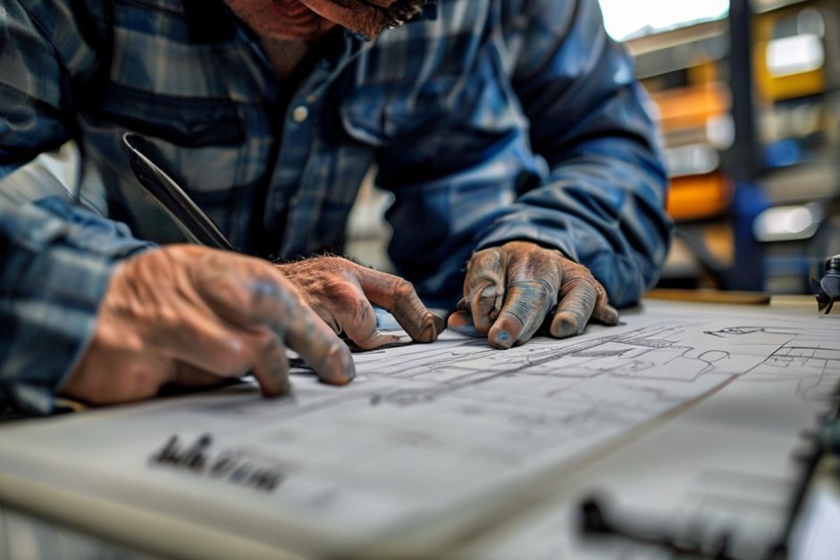 Close-up of an electrical CAD drawing being reviewed by an Advanced Mechanix engineer in Melbourne.