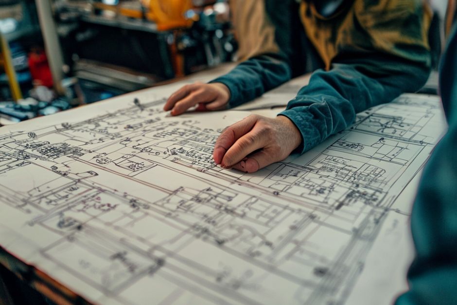 Close-up of an electrical CAD drawing being reviewed by an engineer, highlighting the precision and technical expertise required.