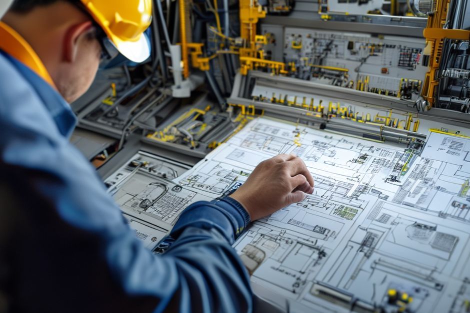 Close-up view of an electrical CAD drawing being reviewed by an engineer from Advanced Mechanix.