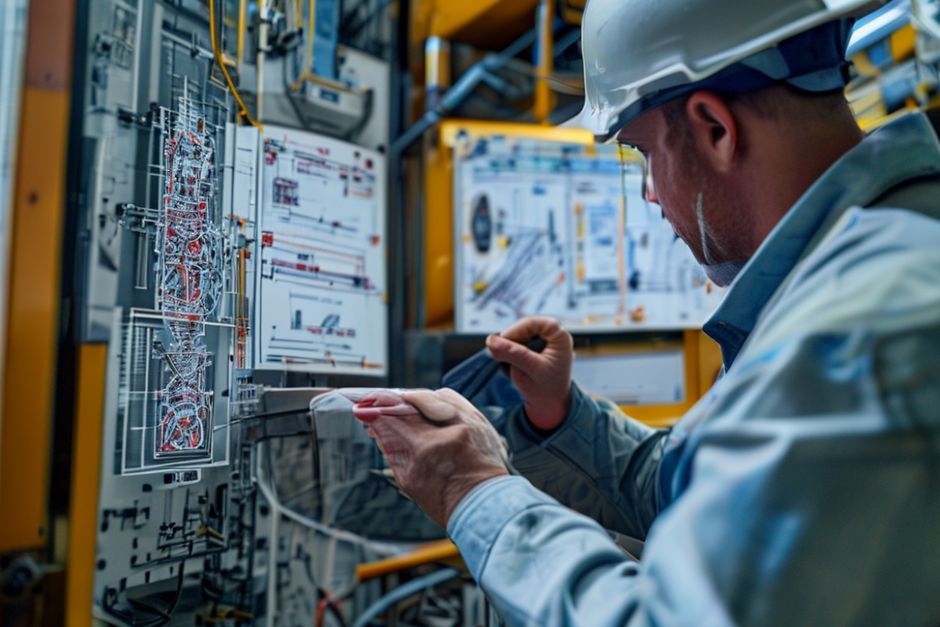 A close-up view of an electrical CAD drawing being reviewed by an Advanced Mechanix engineer, highlighting the detailed power distribution network design for a Las Vegas mining facility.