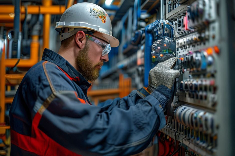 An Advanced Mechanix electrician inspecting a control panel in a mining facility in Newcastle, Australia.