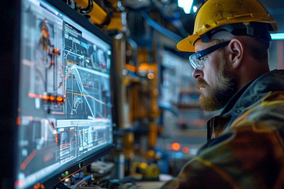 An electrical engineer reviewing 3D models and schematics for a mining site's power systems.