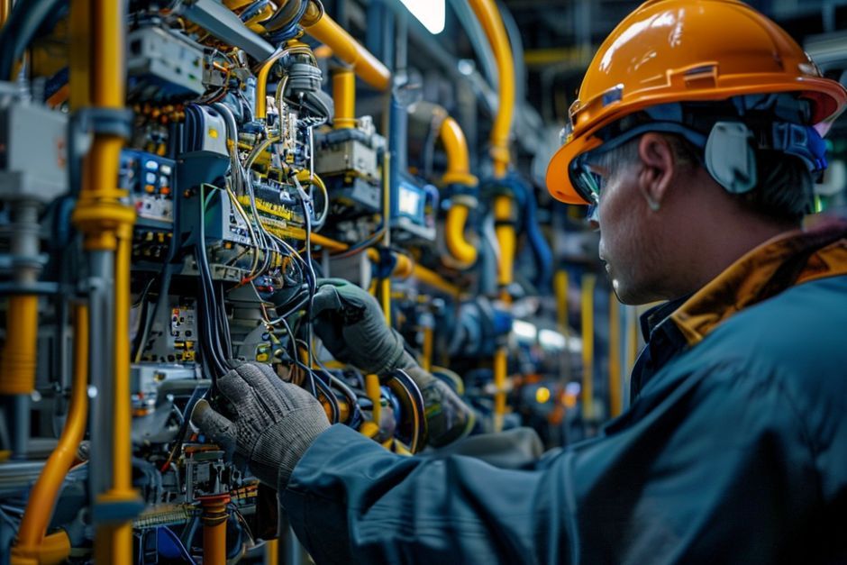 An Advanced Mechanix engineer inspects the wiring and electrical components of a process control system installed at a mining operation in San Jose.