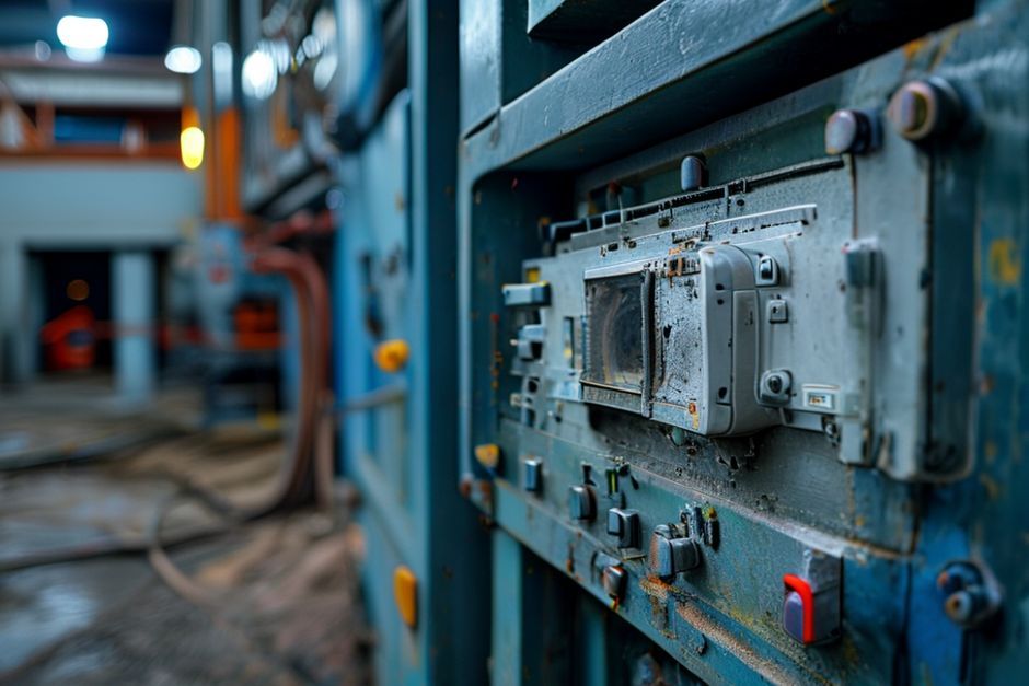 A close-up view of an explosion-proof electrical enclosure for hazardous area applications.