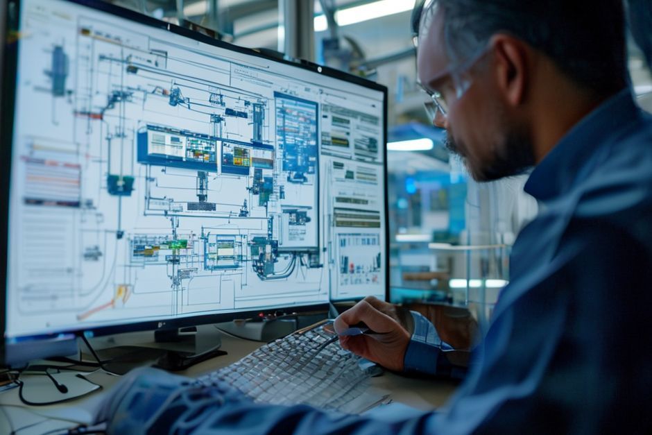 Industrial engineer reviewing electrical schematics and design documents for an industrial automation system in Sydney.