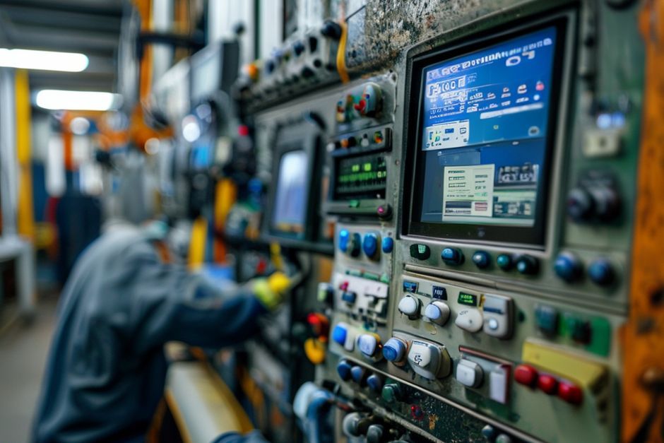 Close-up of an industrial control panel with PLCs, HMIs, and SCADA systems for automation integration.