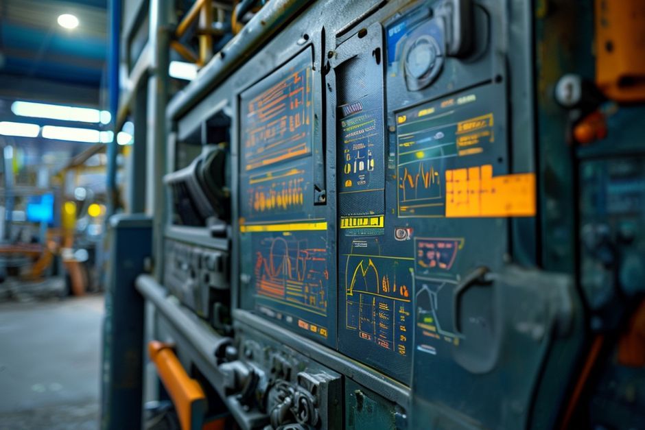Close-up view of an industrial control panel displaying real-time data and predictive maintenance analytics for mining equipment in Gold Coast.