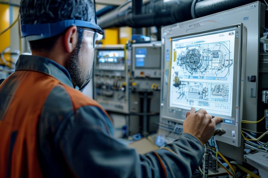 An Advanced Mechanix engineer reviewing 3D CAD models and blueprints of a substation design project for a manufacturing facility in Hobart, Tasmania.