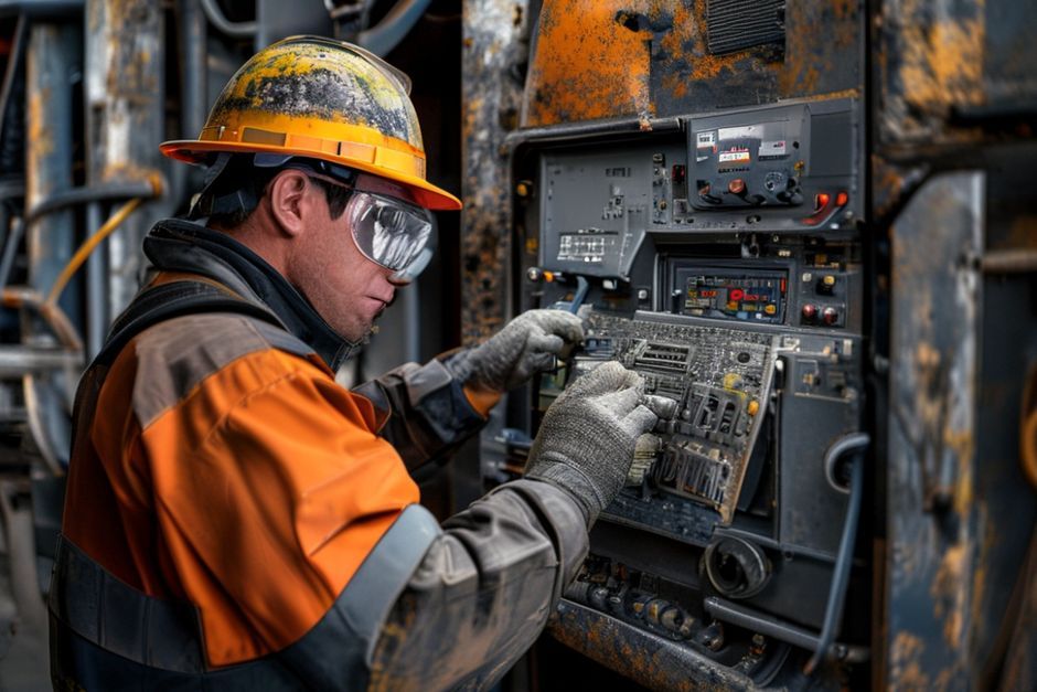 A mining engineer from Advanced Mechanix inspecting a programmable logic controller (PLC) in a rugged, industrial mining setting.