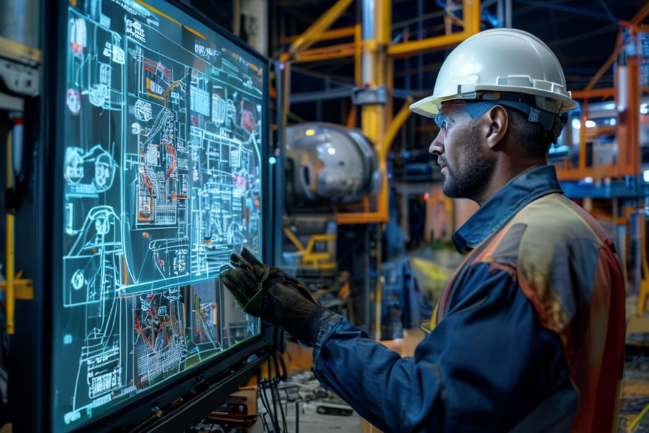 A mining engineer reviewing a 3D model of an electrical control system on a large interactive touchscreen in a Canberra mining facility.