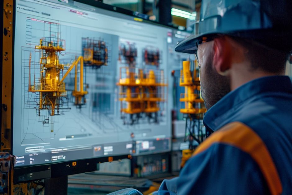 Close-up of an electrical engineer's computer screen showing 3D models and CAD drawings for a mining facility's power distribution system.