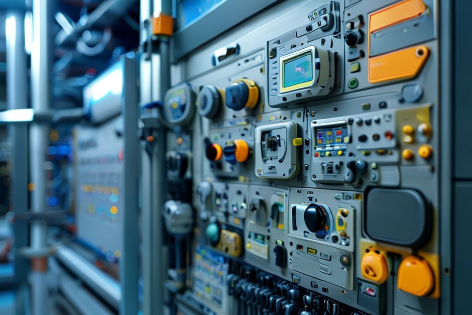 Close-up of an advanced electrical control panel designed by Advanced Mechanix for a Los Angeles mining facility, featuring smart technologies for enhanced monitoring and automation.