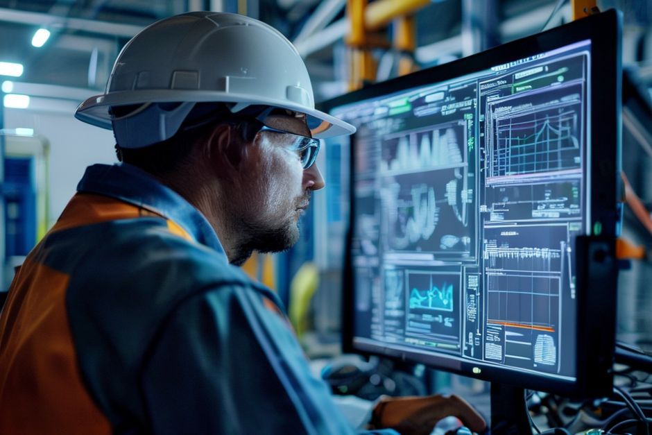 Electrical engineer using advanced simulation software to optimize a mining facility's power distribution system in San Jose.