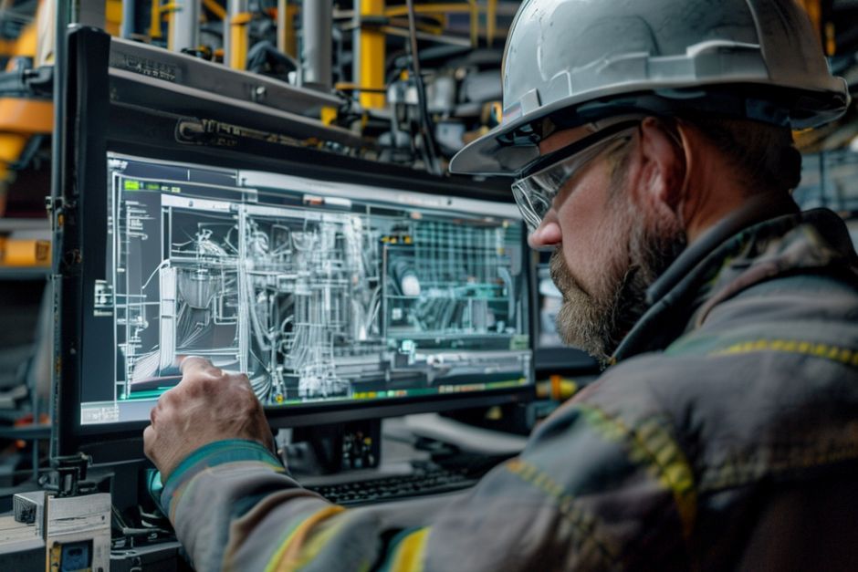 Mining engineer using CAD software to design a 3D model of a power distribution system