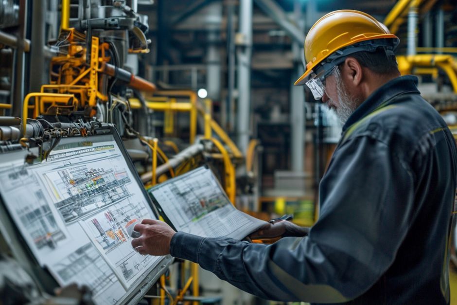 An Advanced Mechanix engineer discusses electrical power distribution system design with an industrial operations manager at a mining facility in Hobart, Australia.